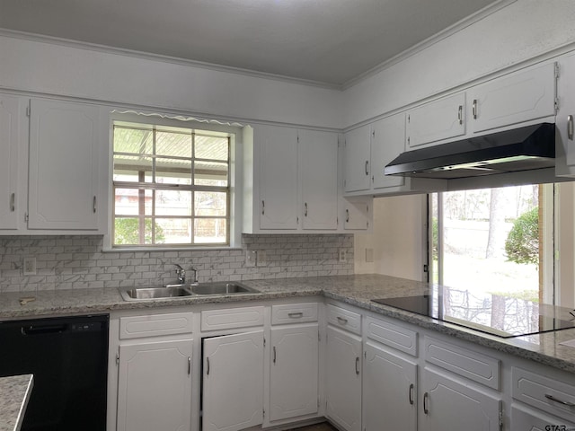 kitchen with decorative backsplash, sink, white cabinetry, and black appliances