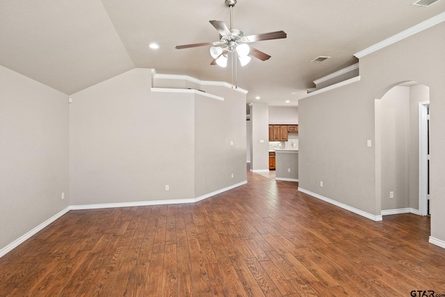 unfurnished living room with lofted ceiling, hardwood / wood-style flooring, and ceiling fan