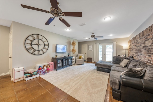 living room featuring french doors, visible vents, and recessed lighting