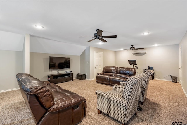 living room featuring lofted ceiling, carpet floors, a wall mounted air conditioner, and baseboards