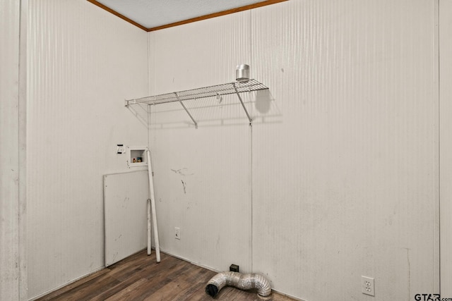 364 San Saba Ln, Mount Vernon, TX 75457 - washroom with laundry area, wood finished floors, washer hookup, and crown molding