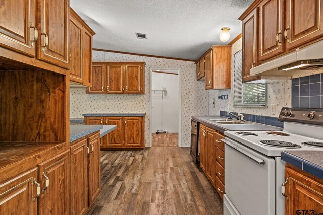 364 San Saba Ln, Mount Vernon, TX 75457 - kitchen featuring visible vents, a sink, under cabinet range hood, wallpapered walls, and white electric range oven