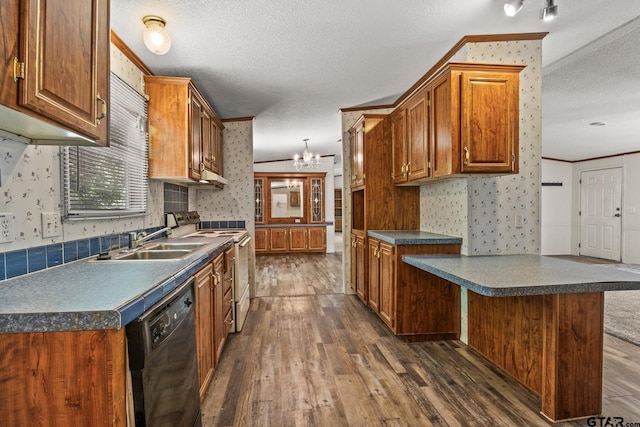 364 San Saba Ln, Mount Vernon, TX 75457 - kitchen featuring dark wood-type flooring, electric stove, wallpapered walls, and black dishwasher