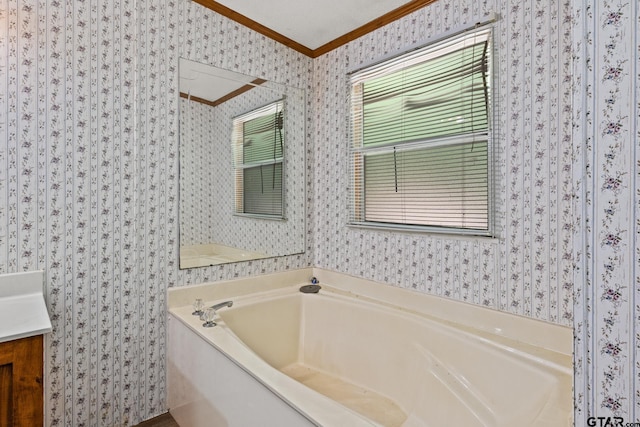 364 San Saba Ln, Mount Vernon, TX 75457 - bathroom featuring vanity, a bath, wallpapered walls, and ornamental molding