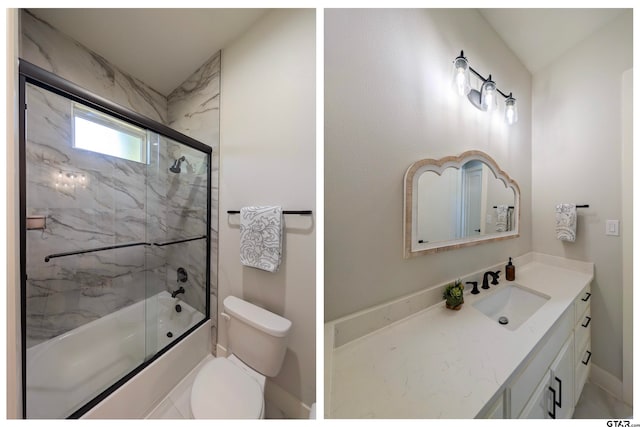 full bathroom with bath / shower combo with glass door, vanity, and toilet