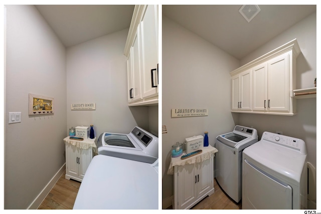 laundry room with cabinets, washer and dryer, and dark hardwood / wood-style floors