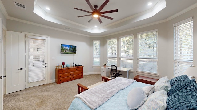 carpeted bedroom with ceiling fan, multiple windows, a raised ceiling, and crown molding