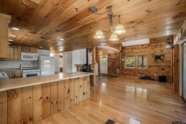 11698 Piper Ln, Frankston, TX 75763 - kitchen featuring white appliances, wooden ceiling, light wood finished floors, wooden walls, and a peninsula