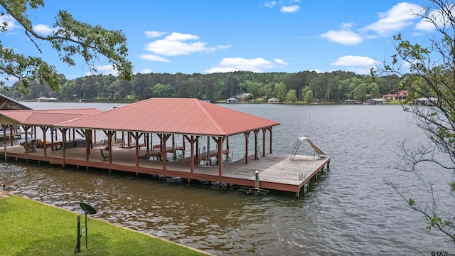 view of dock featuring a water view and a wooded view