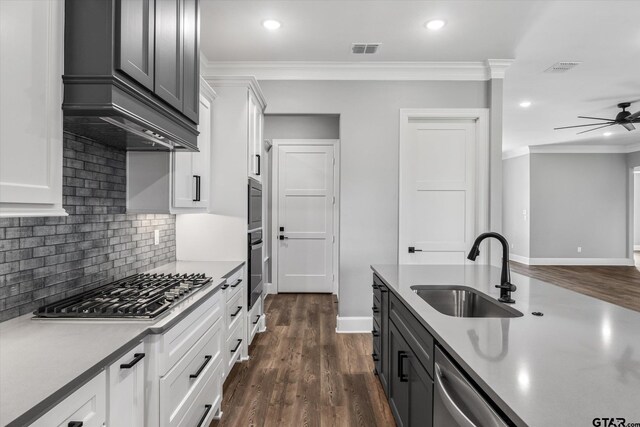 kitchen with stainless steel appliances, white cabinetry, sink, and dark hardwood / wood-style flooring