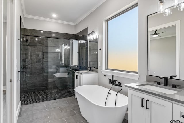 bathroom with vanity, a healthy amount of sunlight, and crown molding