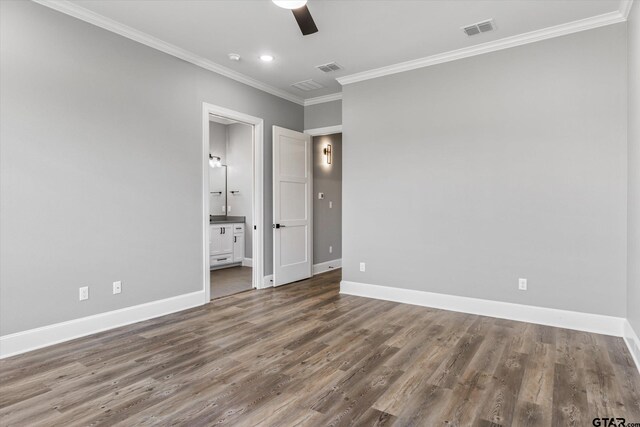 unfurnished bedroom with hardwood / wood-style flooring, ornamental molding, ceiling fan, and connected bathroom