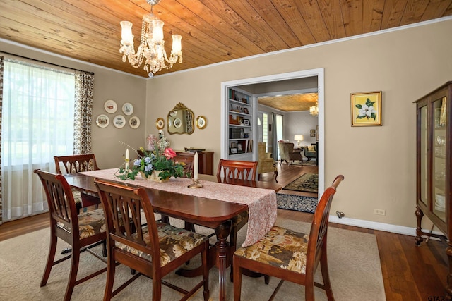 dining space with a chandelier, wood ceiling, and crown molding