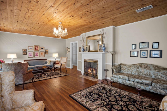 living area featuring an inviting chandelier, a fireplace with flush hearth, visible vents, wood ceiling, and wood finished floors