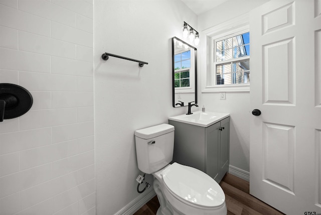 bathroom featuring vanity, wood-type flooring, and toilet