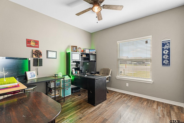 home office featuring baseboards, wood finished floors, and a ceiling fan