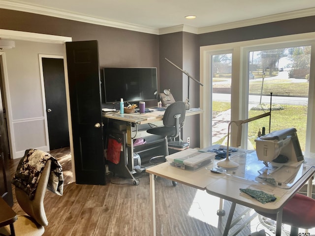 office space with crown molding and wood-type flooring