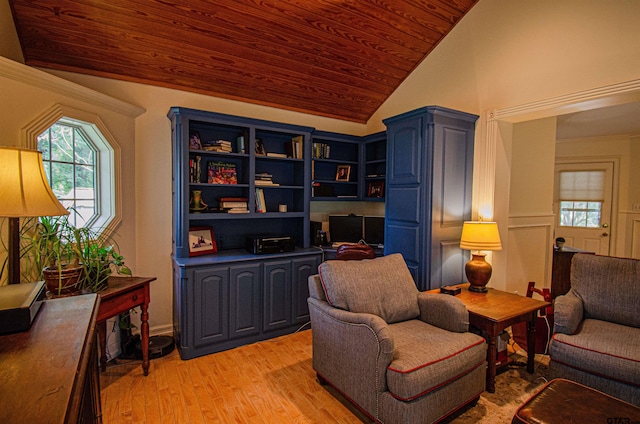 sitting room featuring light wood-type flooring, lofted ceiling, and wooden ceiling