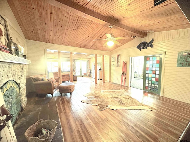 668 Omaha Dr, Omaha, TX 75571 - living room featuring wood-type flooring, wooden ceiling, a fireplace, wood walls, and ceiling fan