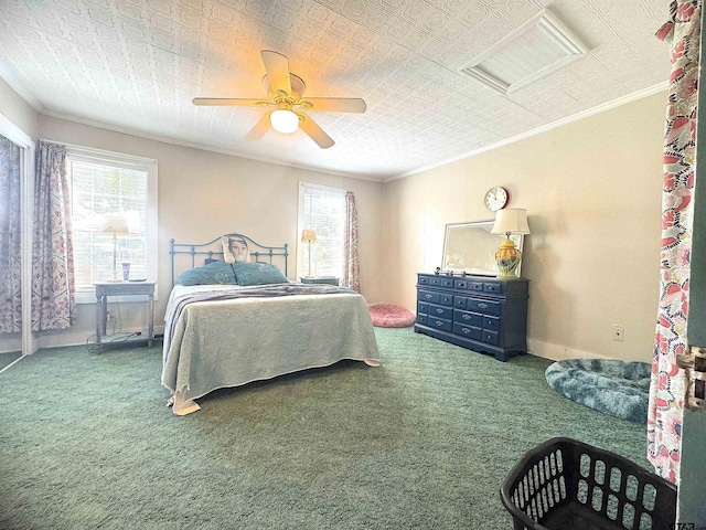 668 Omaha Dr, Omaha, TX 75571 - bedroom featuring ornamental molding, carpet floors, a ceiling fan, an ornate ceiling, and attic access