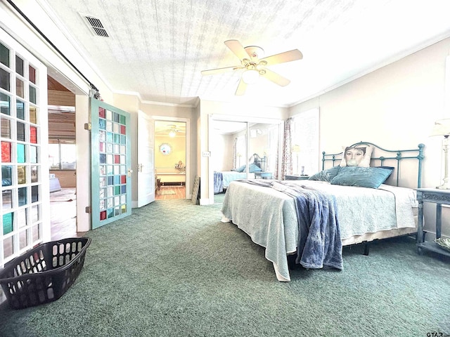 668 Omaha Dr, Omaha, TX 75571 - carpeted bedroom with ornamental molding and a ceiling fan