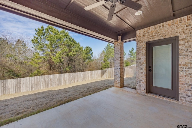 view of patio / terrace featuring a fenced backyard and ceiling fan