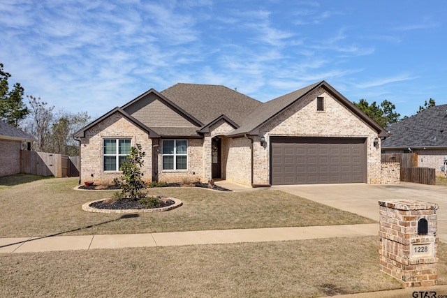 view of front of property featuring brick siding, fence, concrete driveway, roof with shingles, and an attached garage