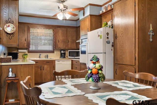 kitchen featuring a textured ceiling, ceiling fan, white appliances, and crown molding