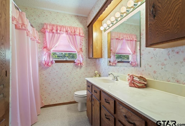 bathroom featuring toilet, vanity, and a textured ceiling