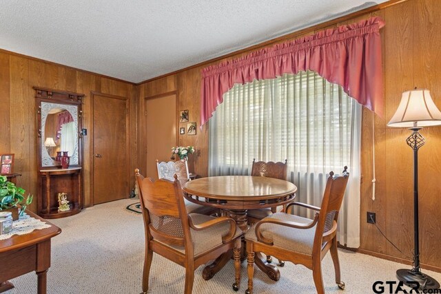 21187 Kristen Dr, Chandler, TX 75758 - carpeted dining space with wood walls and a textured ceiling