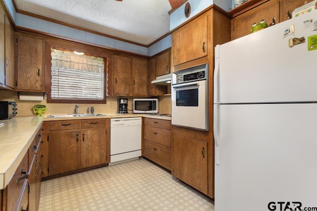 kitchen with sink, white appliances, a textured ceiling, and crown molding