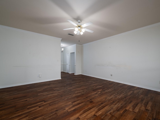 unfurnished room featuring ornamental molding, dark hardwood / wood-style floors, and ceiling fan