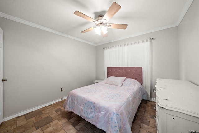 bedroom with ceiling fan and crown molding