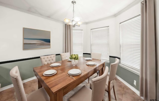 dining room with light tile patterned floors, an inviting chandelier, and ornamental molding