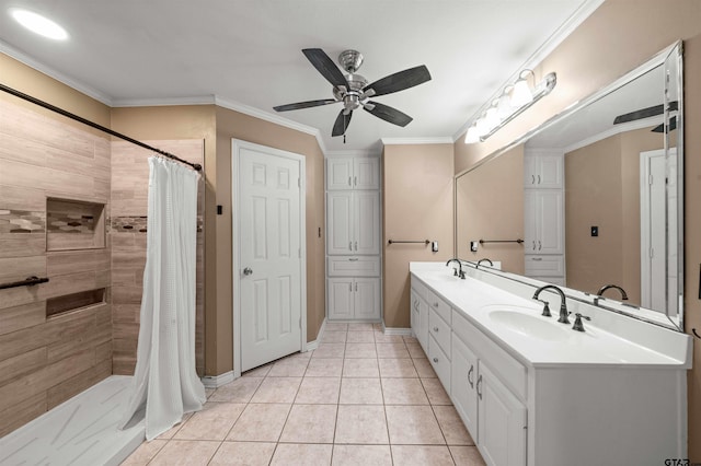 bathroom featuring ornamental molding, tile patterned flooring, walk in shower, and vanity