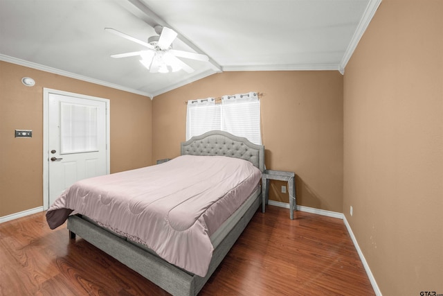 bedroom with ornamental molding, dark hardwood / wood-style flooring, and ceiling fan