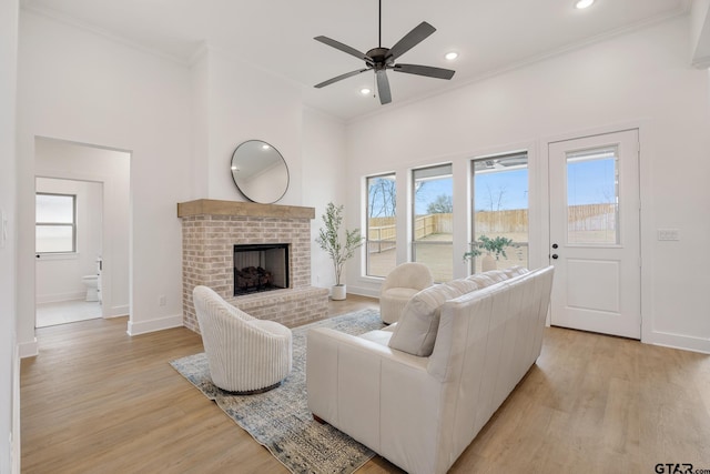 living room featuring a fireplace, light wood-type flooring, a healthy amount of sunlight, and ornamental molding