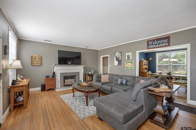 living room with visible vents, a wealth of natural light, light wood finished floors, and a tile fireplace