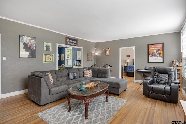 living room with crown molding, light wood finished floors, and baseboards