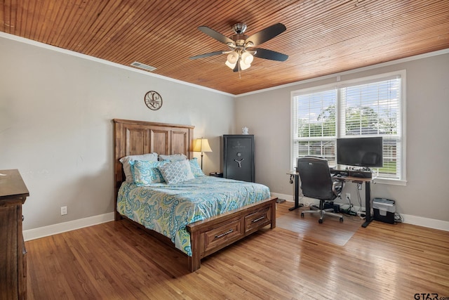 bedroom with crown molding, baseboards, visible vents, and wood ceiling