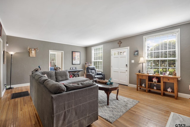 living room with baseboards and light wood-style flooring