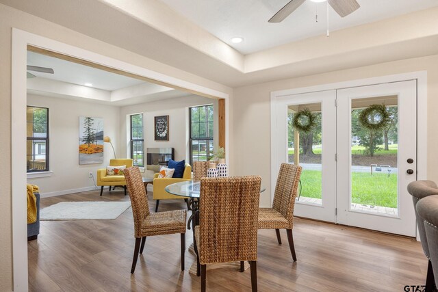 702 W Paschal St, Troup, TX 75789 - dining room with a tray ceiling, light wood-style floors, ceiling fan, and recessed lighting