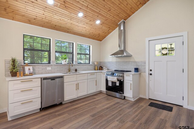 702 W Paschal St, Troup, TX 75789 - kitchen featuring stainless steel appliances, wall chimney range hood, lofted ceiling, backsplash, and dark wood-style flooring