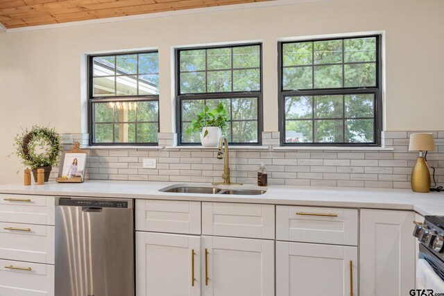 702 W Paschal St, Troup, TX 75789 - kitchen with appliances with stainless steel finishes, tasteful backsplash, light countertops, and wood ceiling