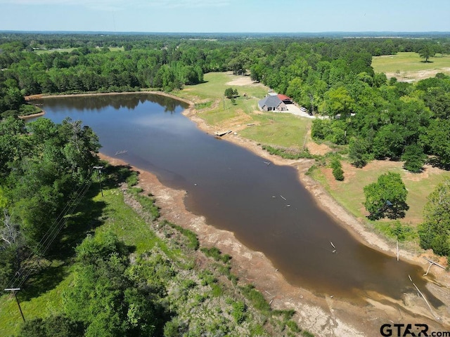 bird's eye view with a forest view and a water view