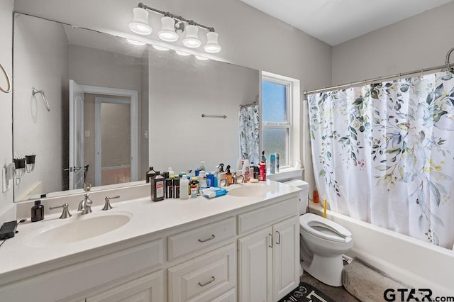 full bathroom with toilet, a sink, double vanity, and shower / bathtub combination with curtain