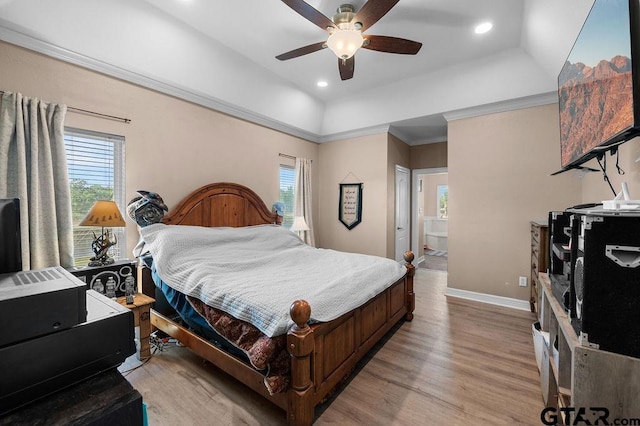 bedroom featuring baseboards, lofted ceiling, light wood-style floors, and recessed lighting