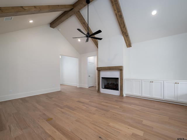 unfurnished living room with beam ceiling, light hardwood / wood-style flooring, high vaulted ceiling, and ceiling fan