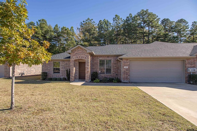 ranch-style house with a garage and a front lawn