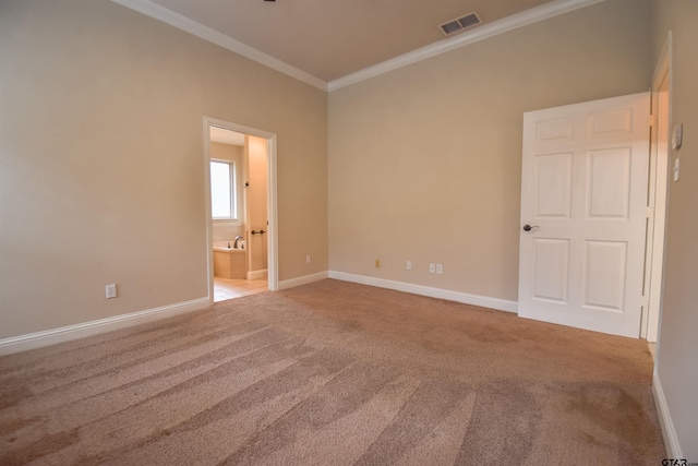 unfurnished room featuring crown molding and carpet flooring